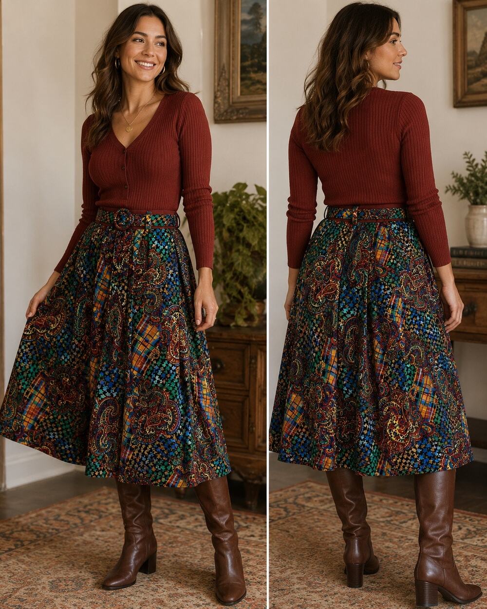 Vintage Style Paisley Plaid Houndstooth Midi Skirt Belt Multicolor Cottagecore